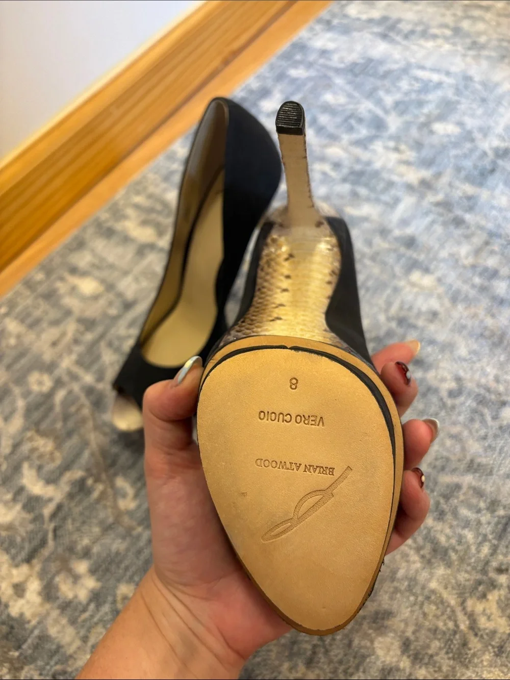 Brian Atwood Black Peep-Toe Pumps with Gold Metallic Toe and Stiletto